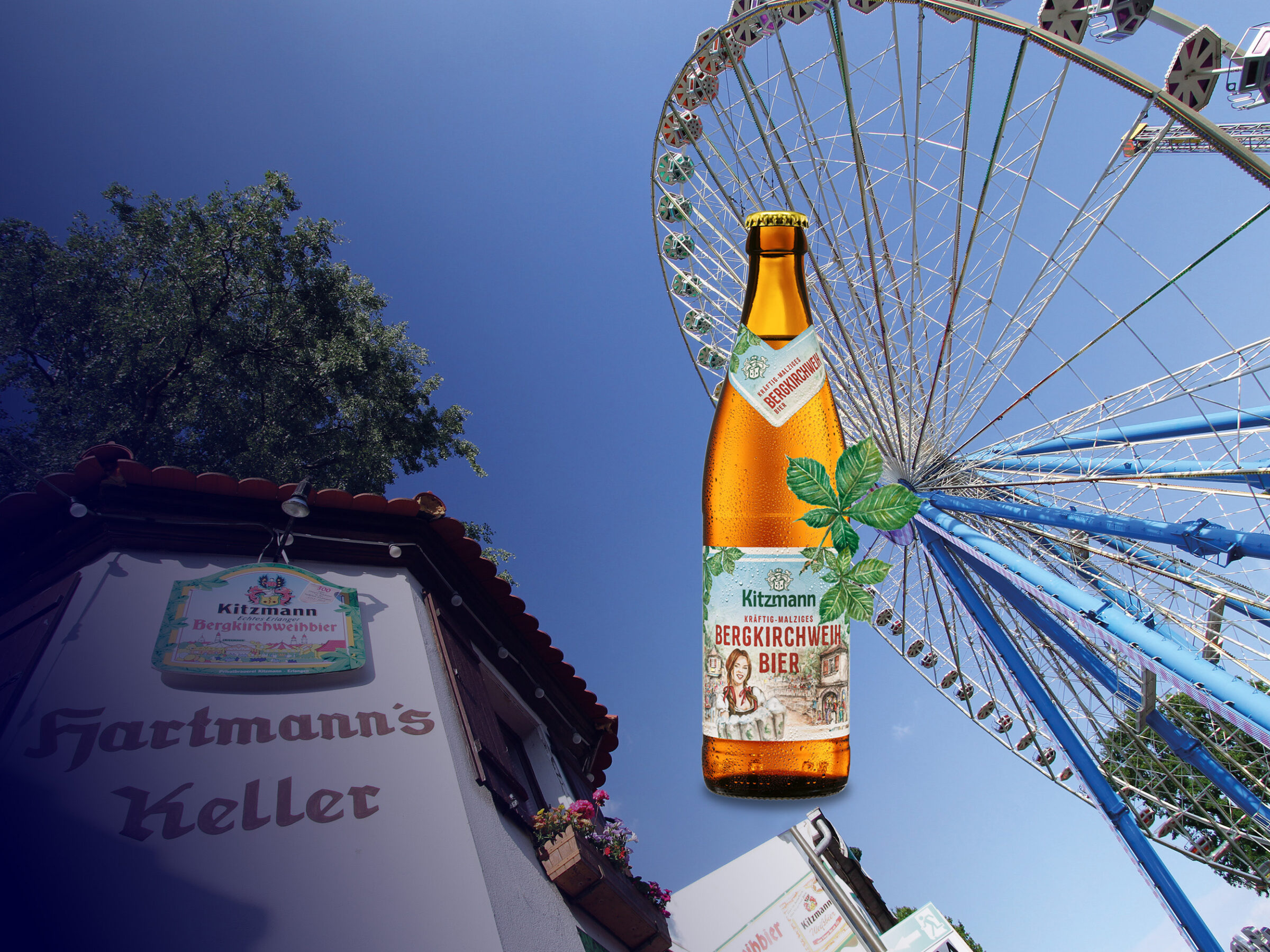Bergkirchweih mit Blick auf das große Riesenrad vor blauem Himmel